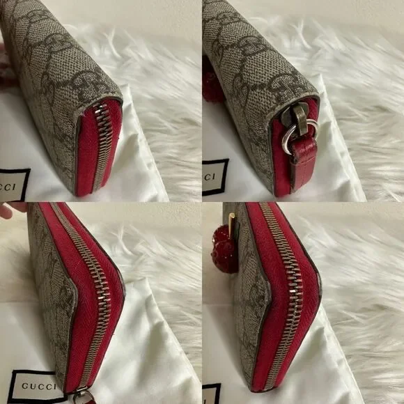 💯Authentic Gucci Beige/Red GG Supreme Canvas Cherry Zip Around Wallet🍀 - Picture 16 of 17